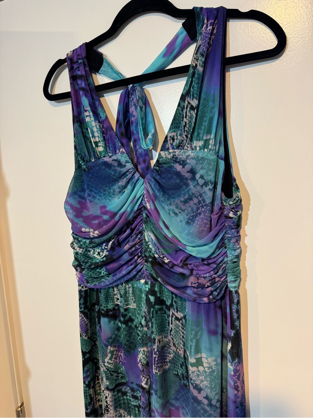 Vintage Y2K Caché Purple Teal Snake Print Ruched Halter Maxi Dress Size L - Picture 5 of 8